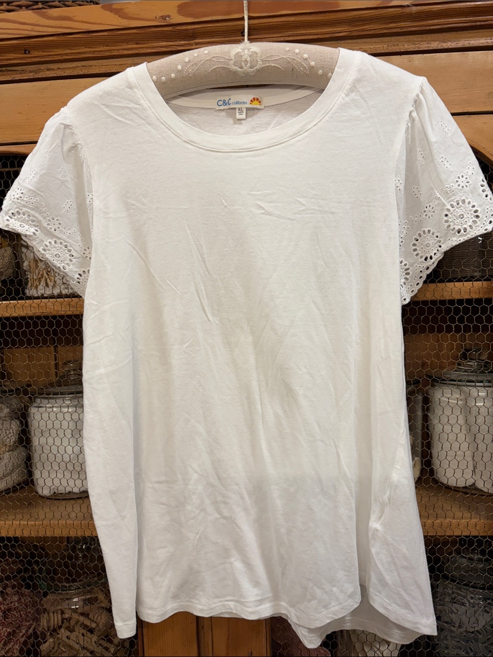 C&C California White Eyelet Short Sleeve Crew Tee